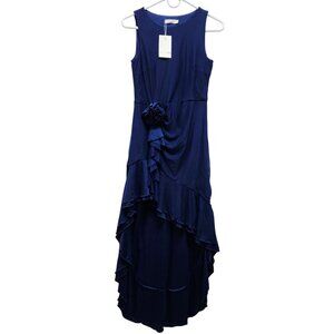 Berylove Womens Navy Blue Sleeveless Layered Ruffle Midi Dress  Rosette Detail S